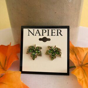 Napier Gold Tone Green Leaf Button Earrings